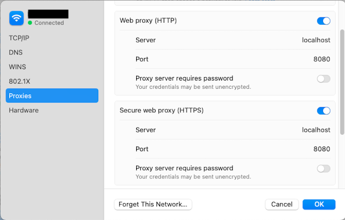 MACOS System Settings for Network HTTP proxies